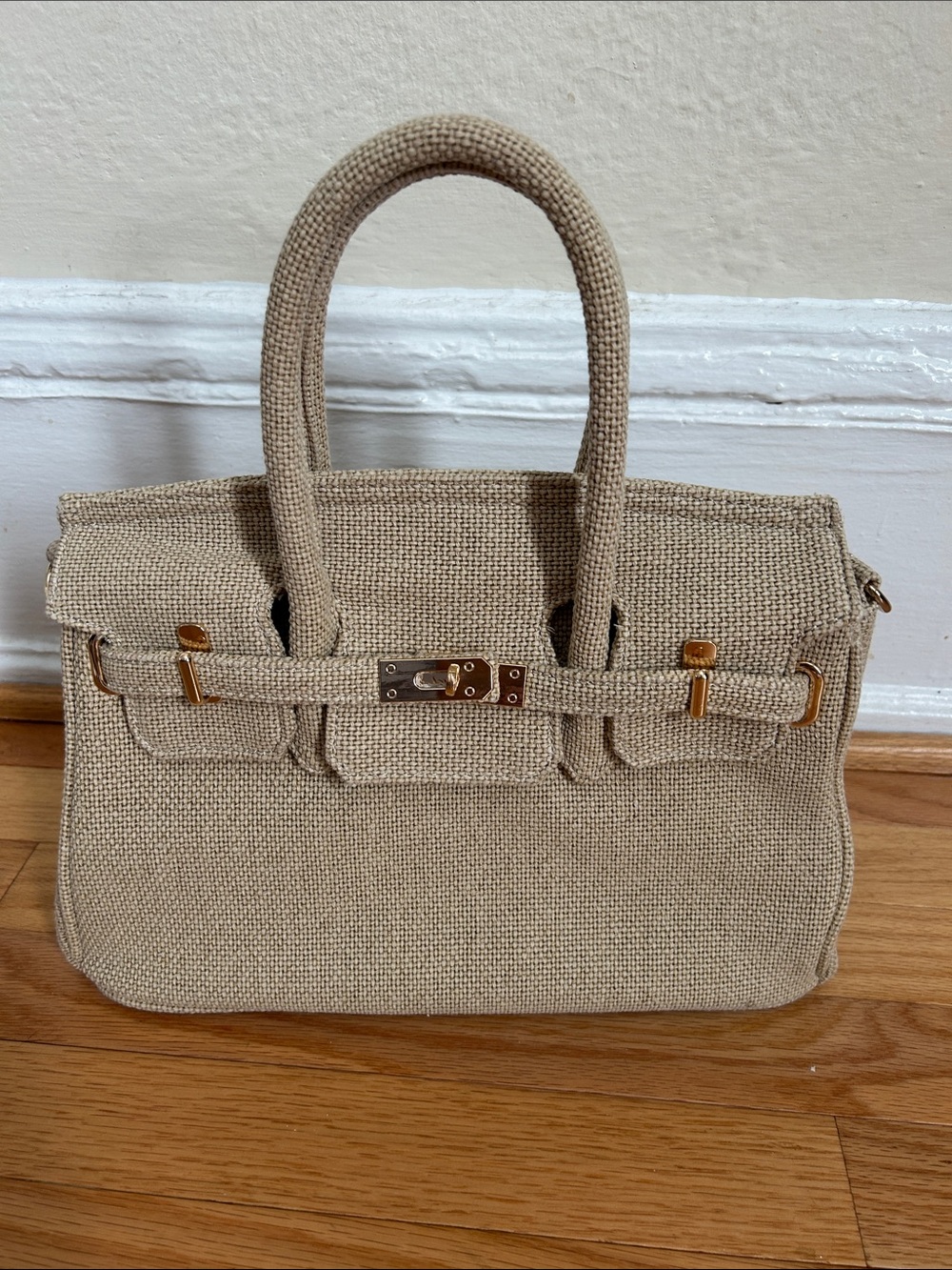 Beige Woven Top-Handle Bag with Gold Hardware